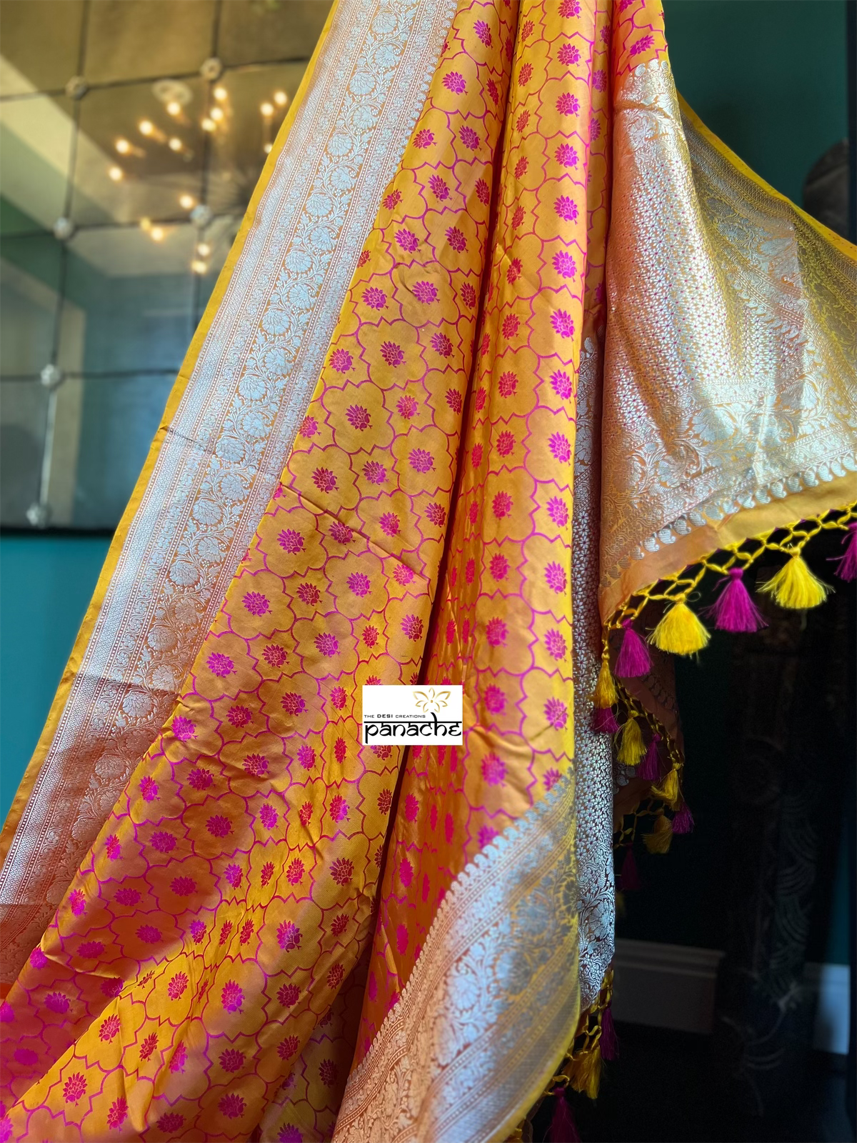 Pure Silk Mashru Silk Banarasi- Mustard Yellow Pink