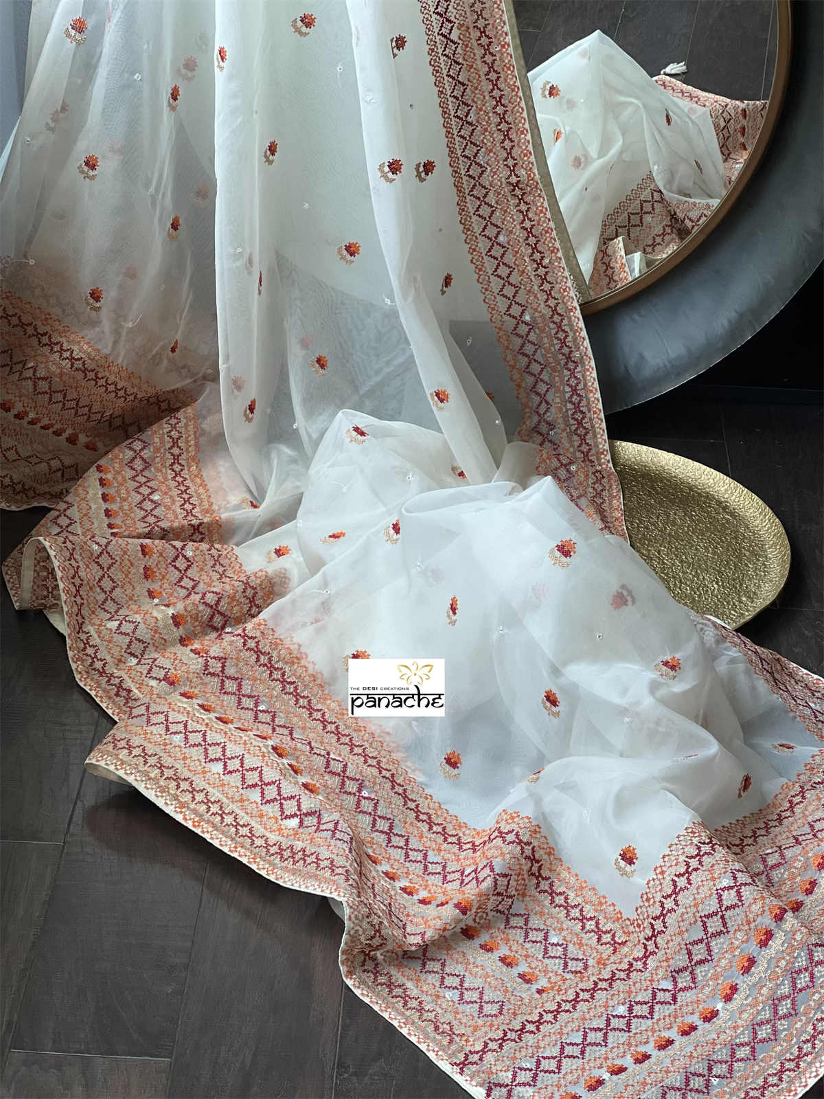 Designer Organza - Off-White Gujarati Stitch