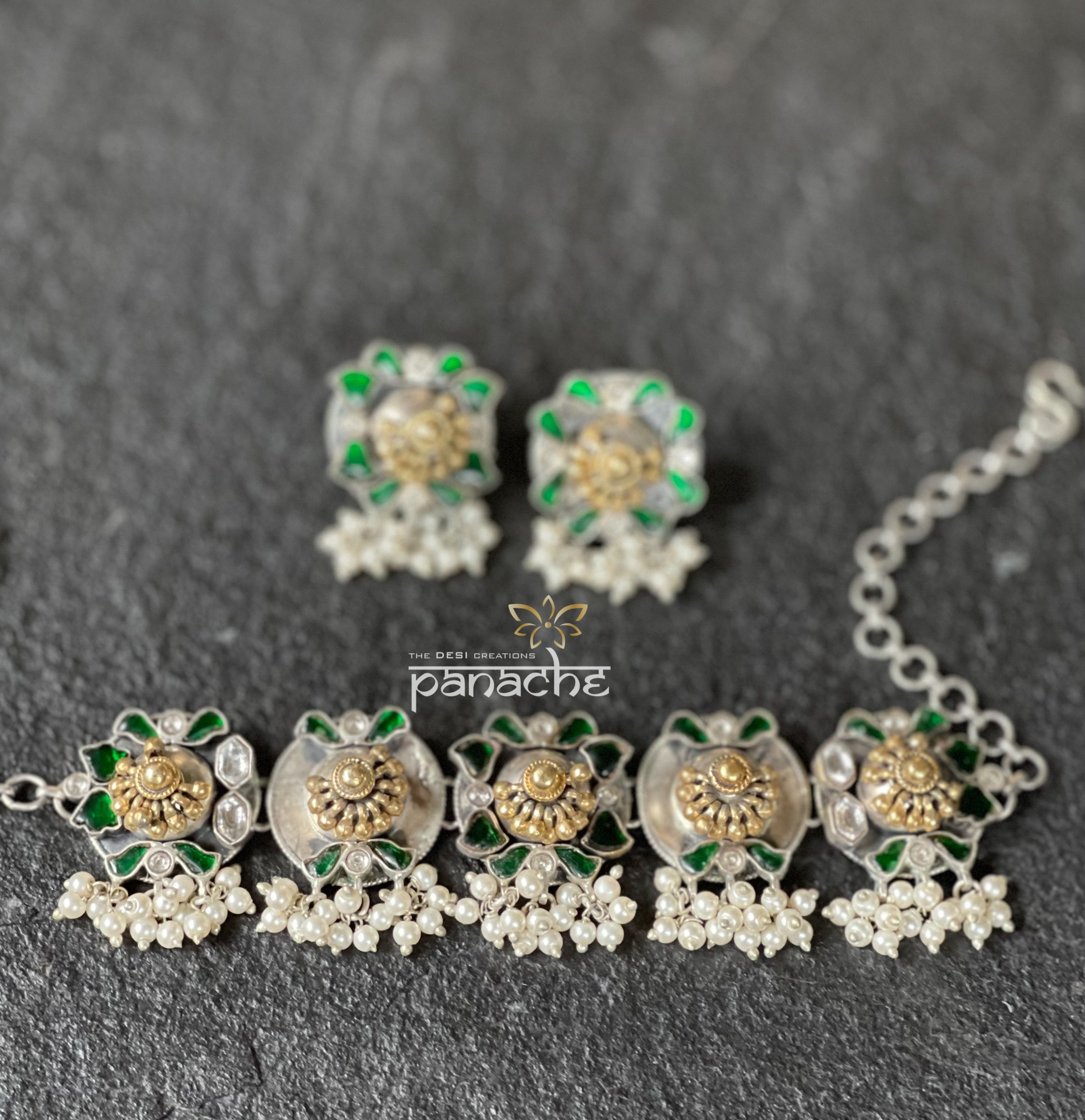 Silver 925 Choker Earring Set - Green Kundan