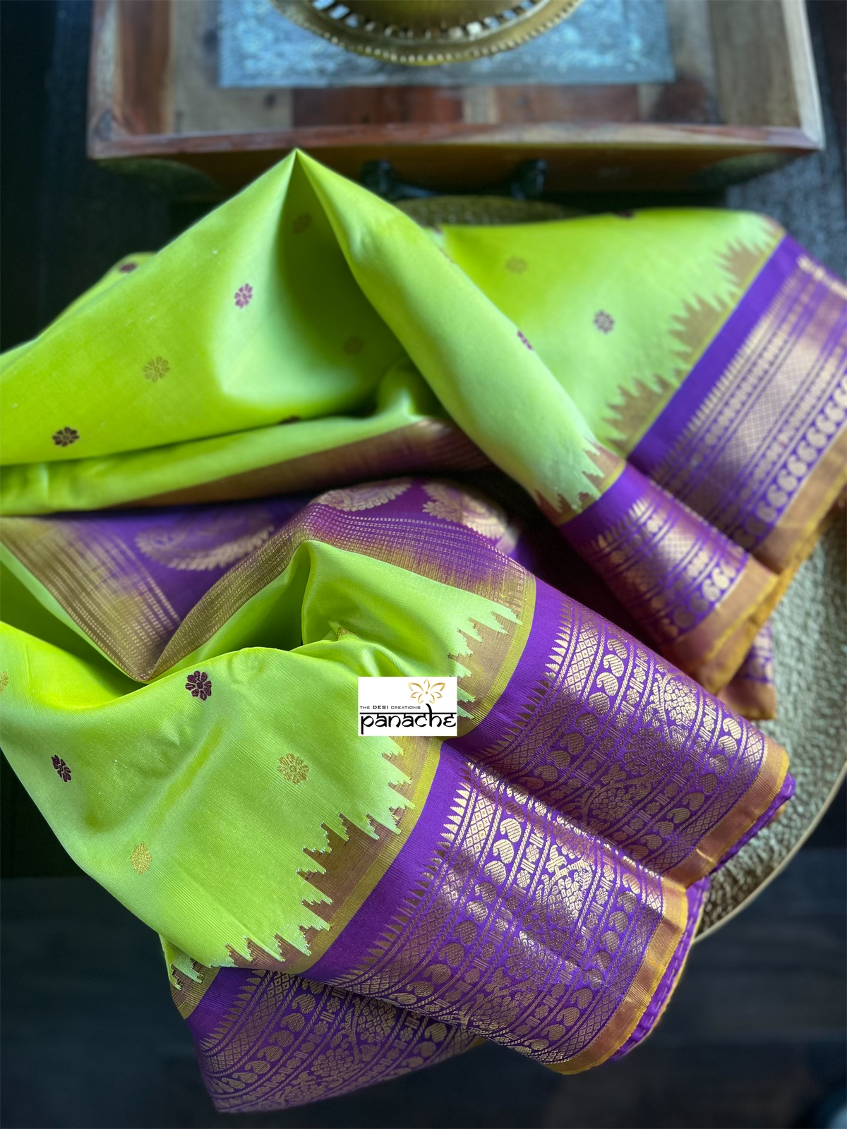 Pure Silk Gadwal - Lime florescent Green Purple
