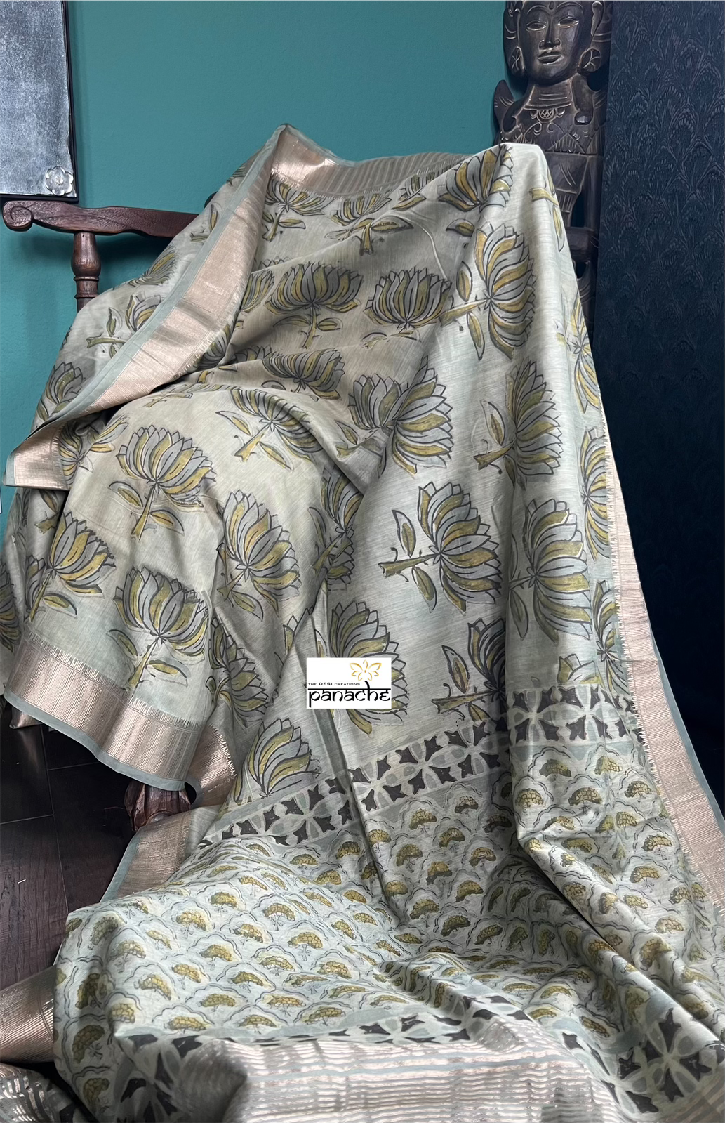 Pure Maheshwari Silk Mud Print - Light Moss Green lotus