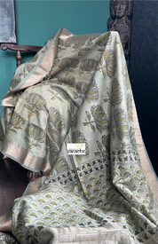 Pure Maheshwari Silk Mud Print - Light Moss Green lotus