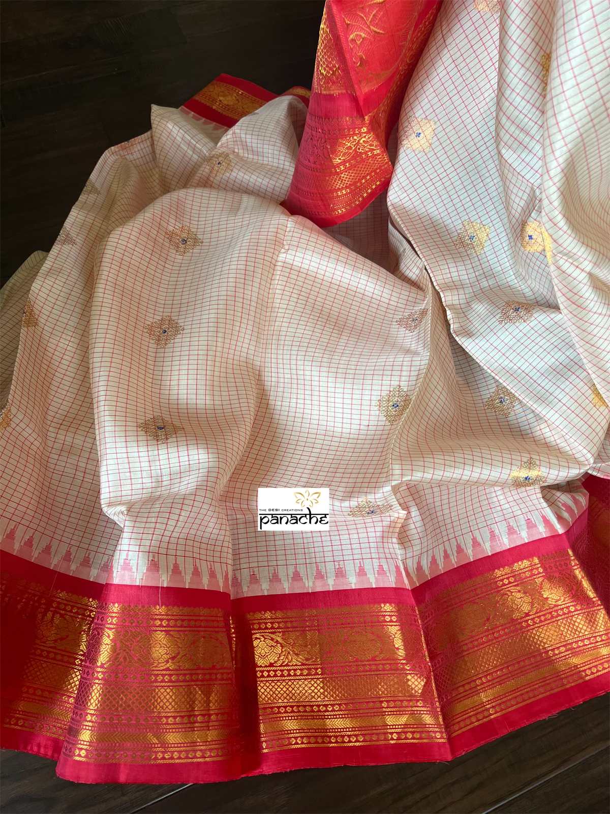 Pure Silk Gadwal - Cream Raspberry Red