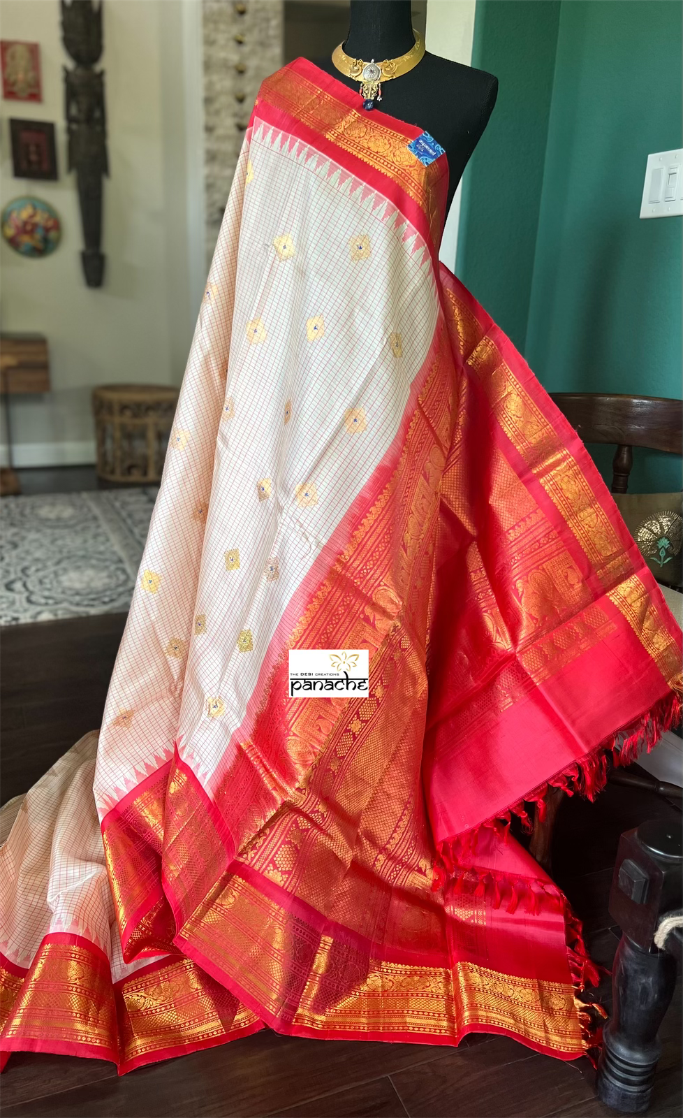 Pure Silk Gadwal - Cream Raspberry Red