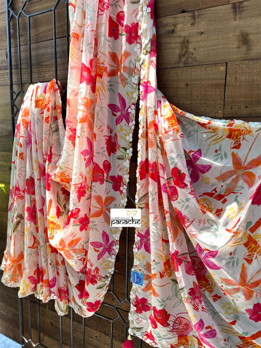 Designer Crepe Chiffon Floral - Light Peach Multi color