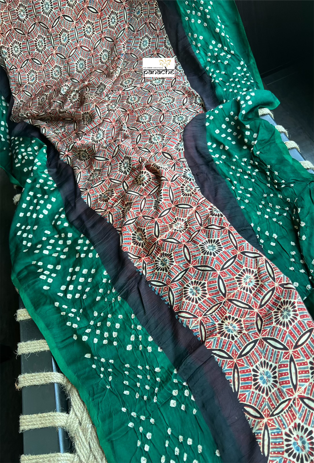Modal Silk Ajrakh Bandhej - Maroon Green