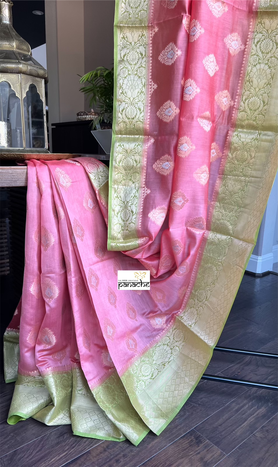 Mulmul Tissue Cotton Banarasi - Pink Green Golden Zari