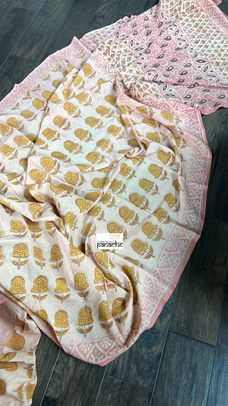 Pure Mul Cotton Mud Print - Light Peach Pink Green lotus