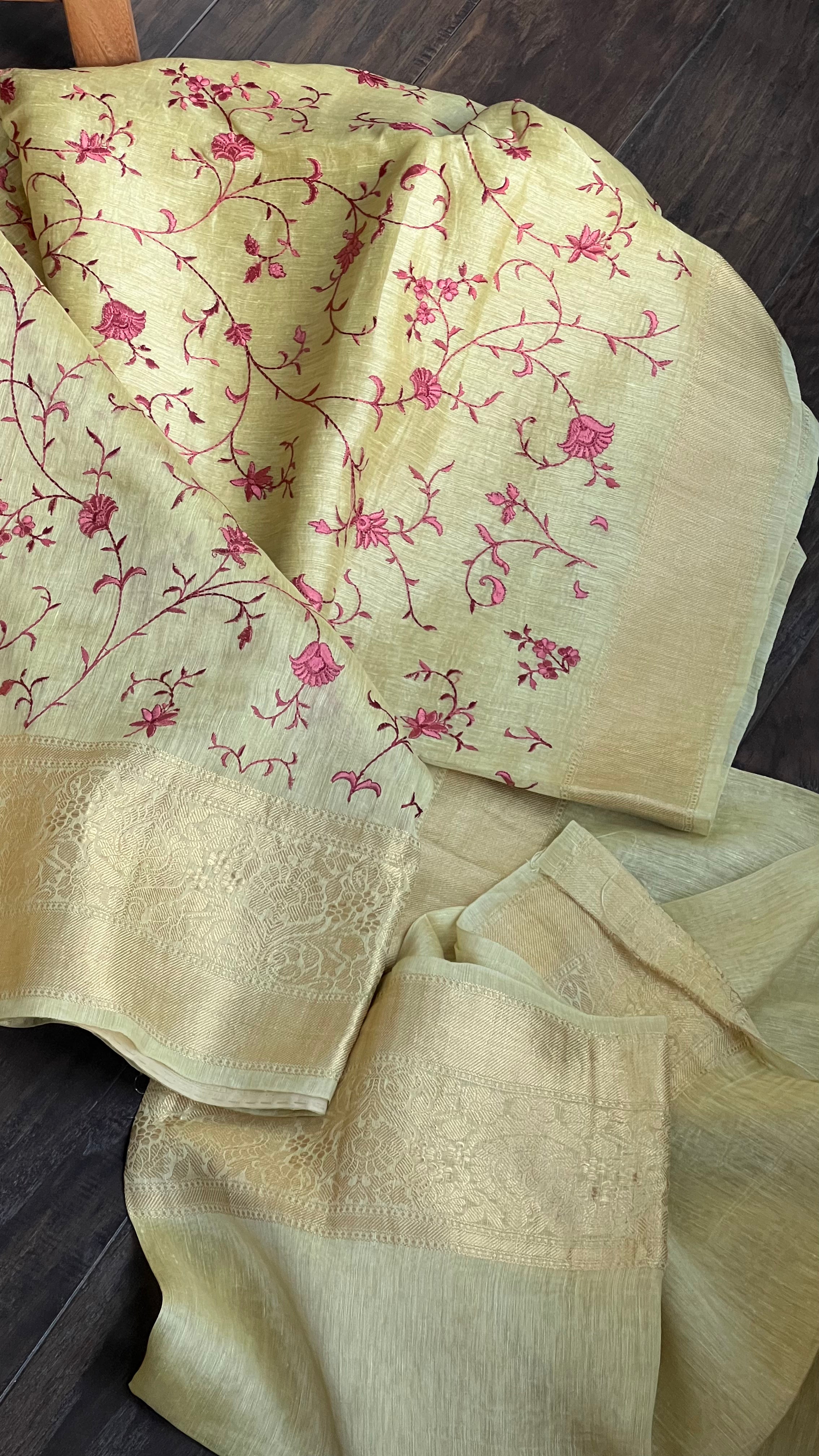 Embroidered Linen Silk Banarasi- Light Greenish Yellow