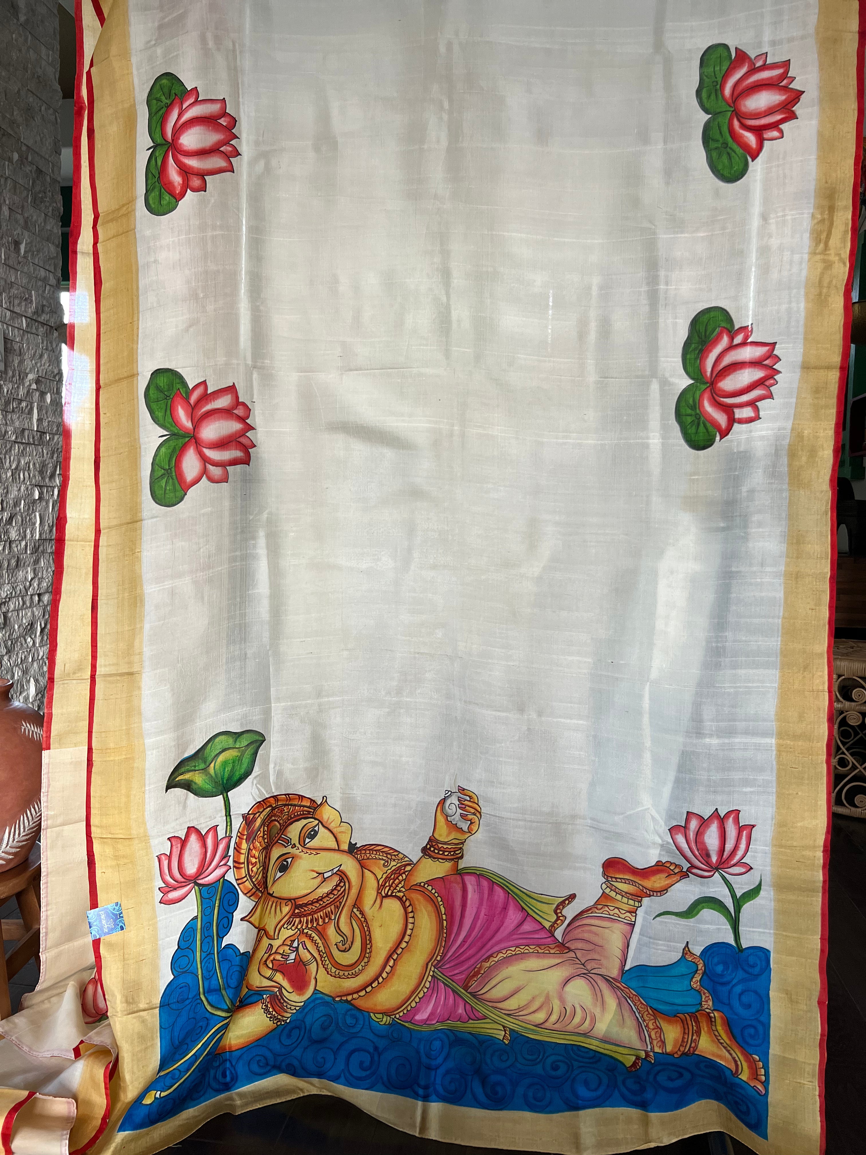 Hand Painted Tussar Silk - Cream White Ganesha