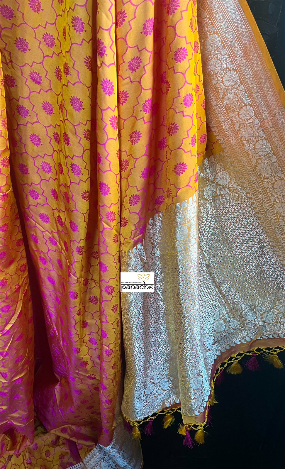 Pure Silk Mashru Silk Banarasi- Mustard Yellow Pink