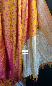 Pure Silk Mashru Silk Banarasi- Mustard Yellow Pink