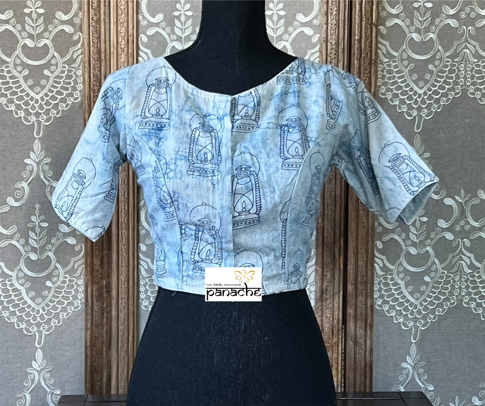 Designer Blouse - Grey Blue Lantern