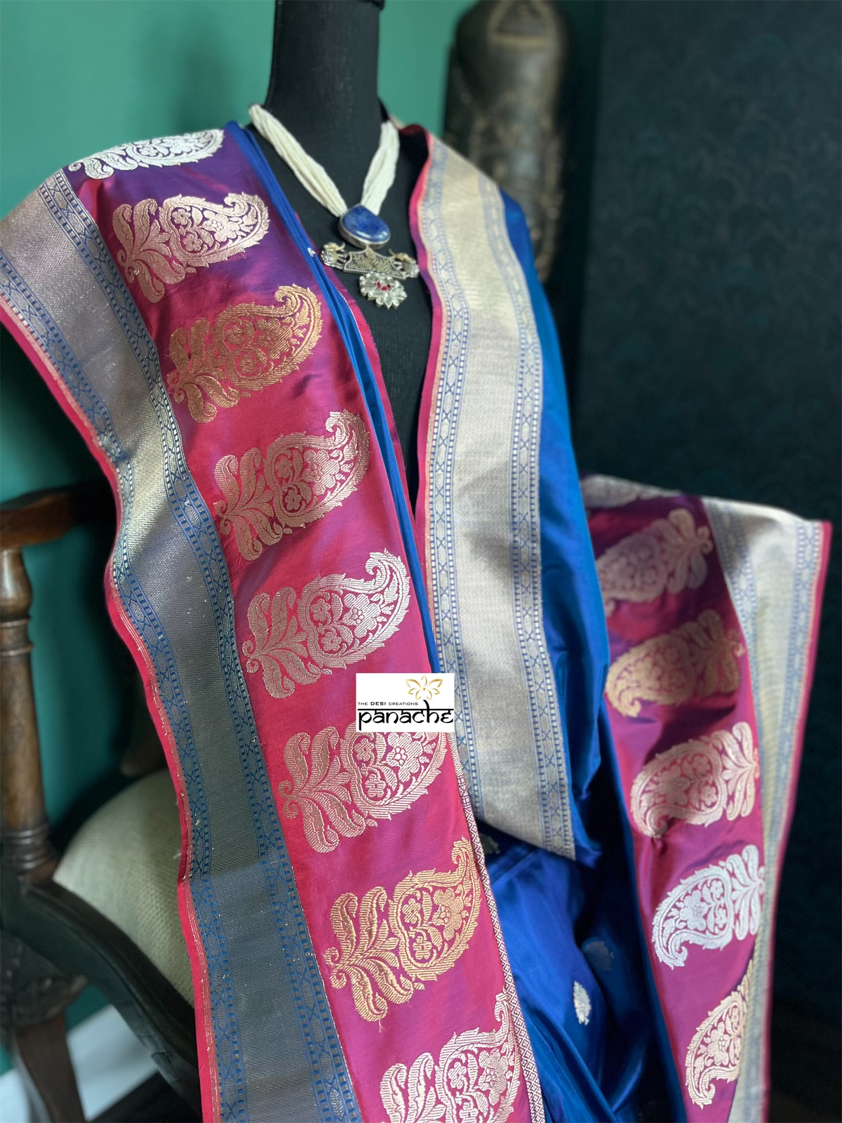 Pure Katan Silk Banarasi - Blue Purplish Maroon