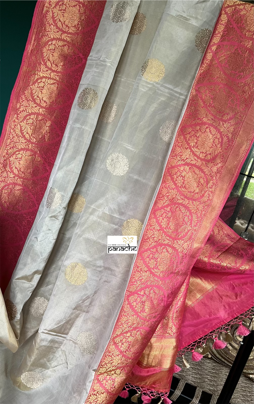 Pure Tissue Katan Silk Banarasi - Golden Beige Magenta Pink