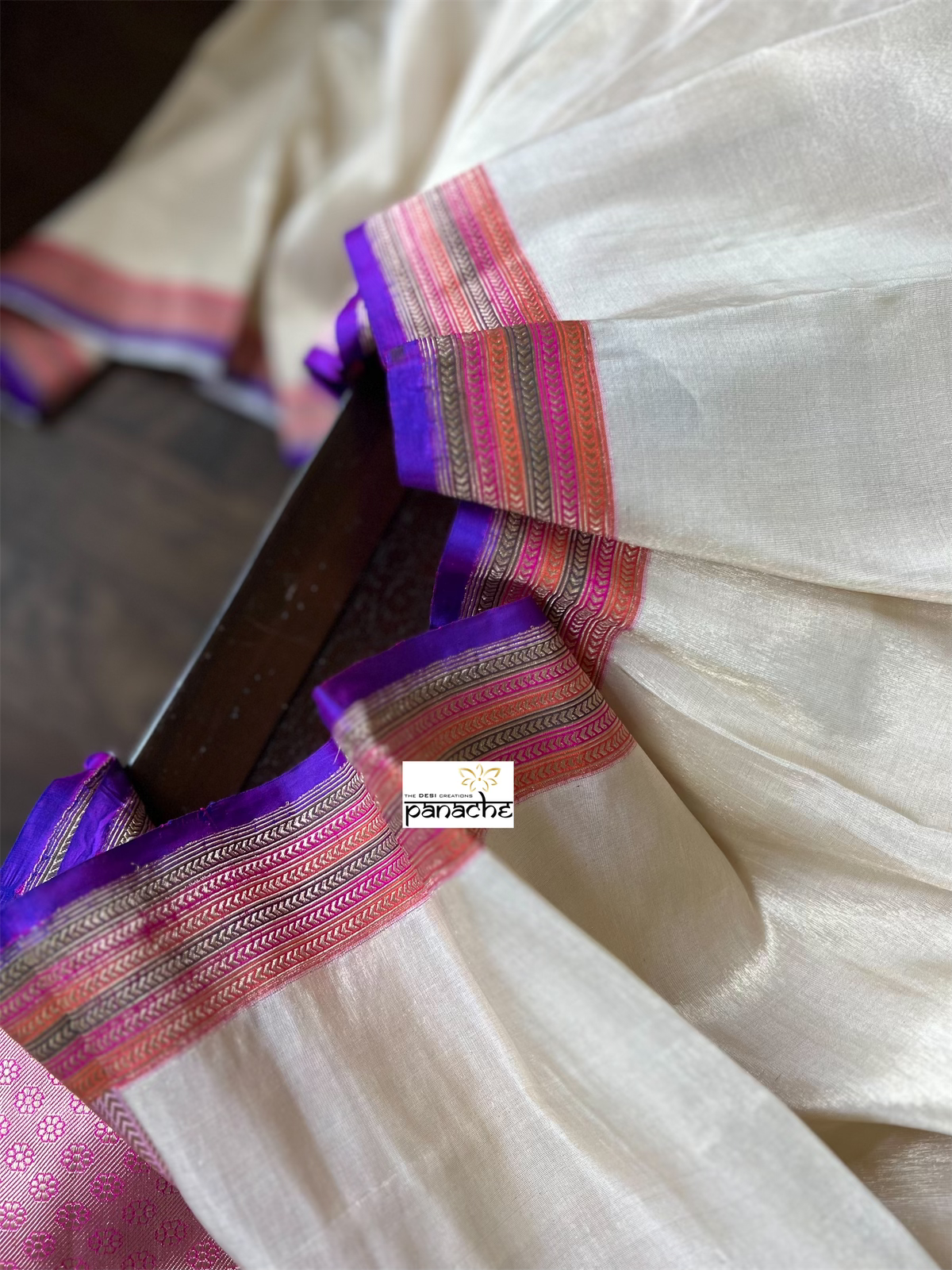 Pure Tissue Silk Banarasi - Offwhite Golden Purple