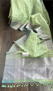 Kora Silk Banaras Chanderi - Pista Green Grey