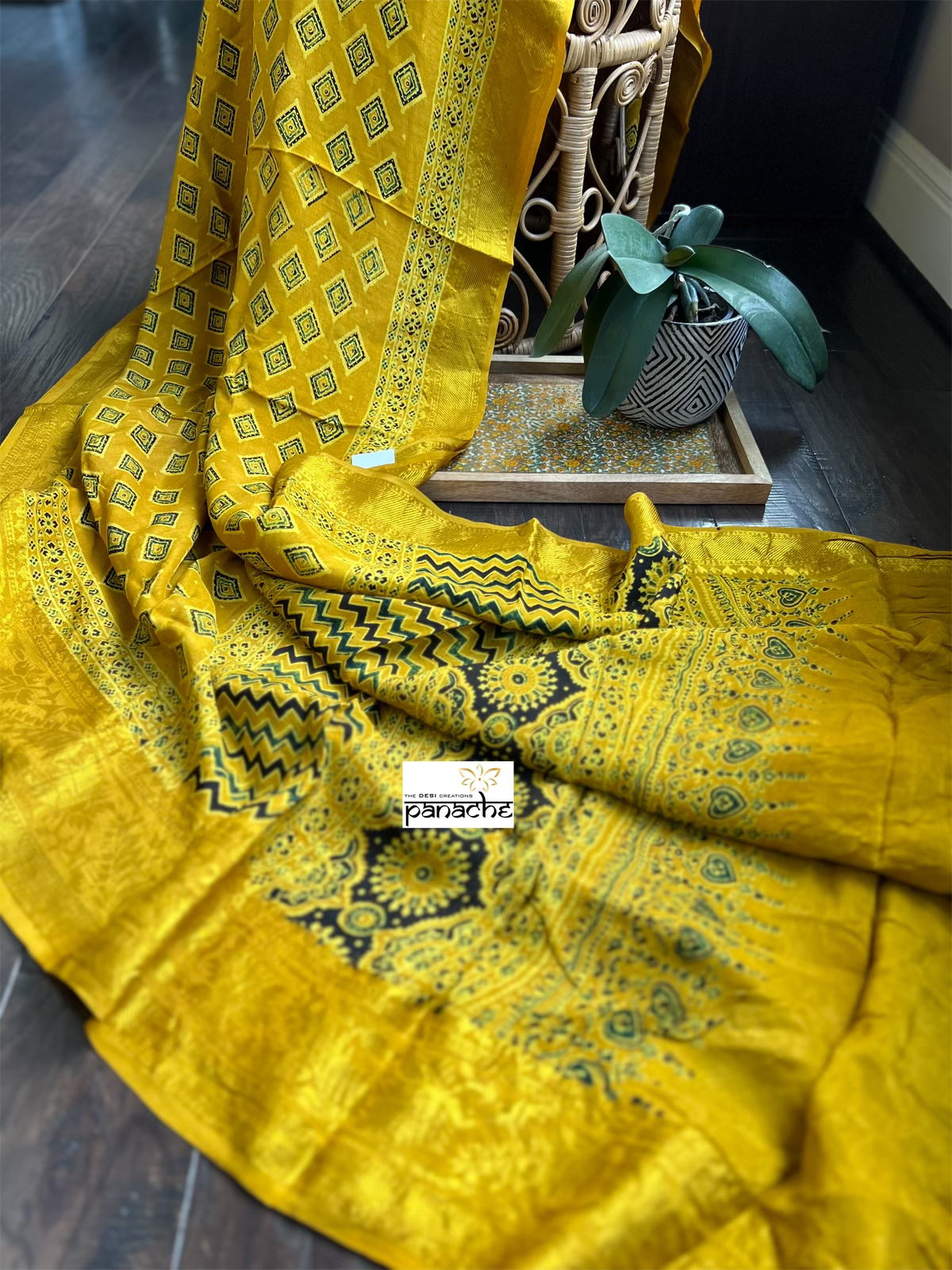 Dola Silk Ajrakh - Yellow