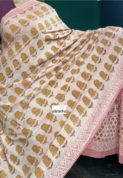 Pure Mul Cotton Mud Print - Light Peach Pink Green lotus