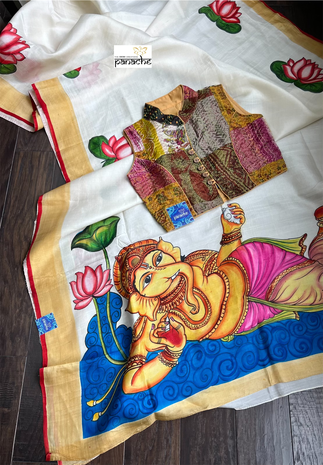 Hand Painted Tussar Silk - Cream White Ganesha