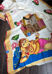 Hand Painted Tussar Silk - Cream White Ganesha