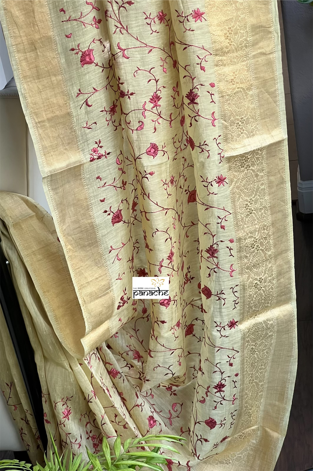 Embroidered Linen Silk Banarasi- Light Greenish Yellow