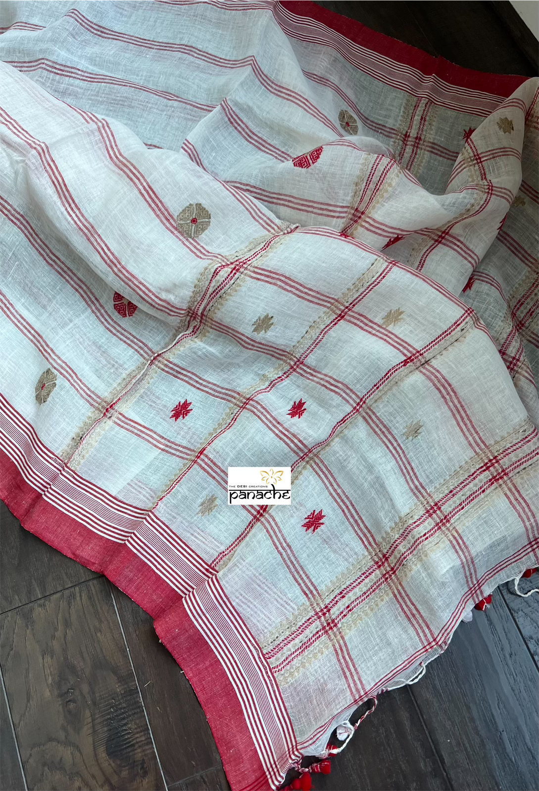 Linen Jamdaani - Off-White Red Woven