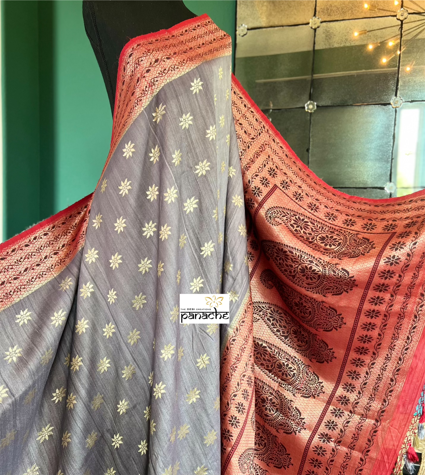 Tussar Georgette Banarasi- Grey Maroon Black