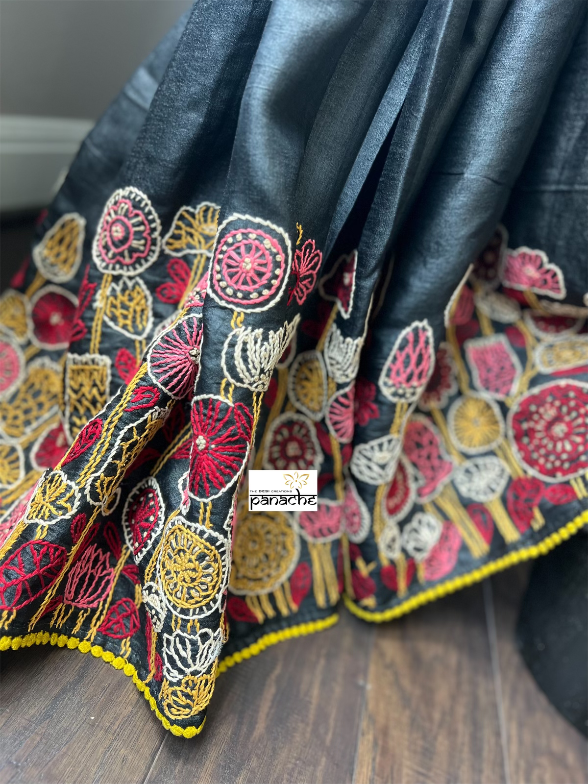 Pure Tussar Silk - Black Lime Yellow Embroidered