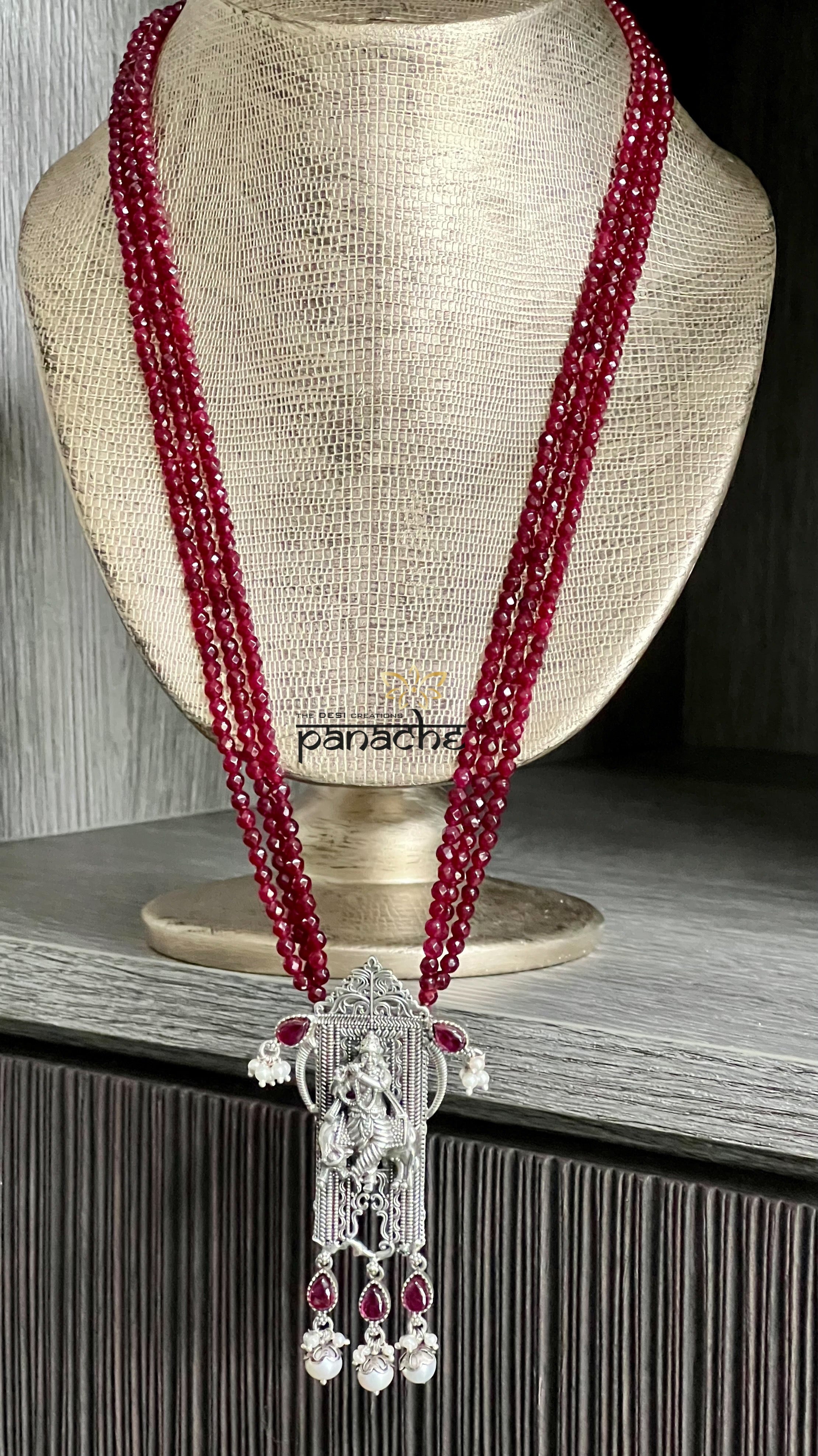 Silver Beaded Necklace - Krishna Pendant