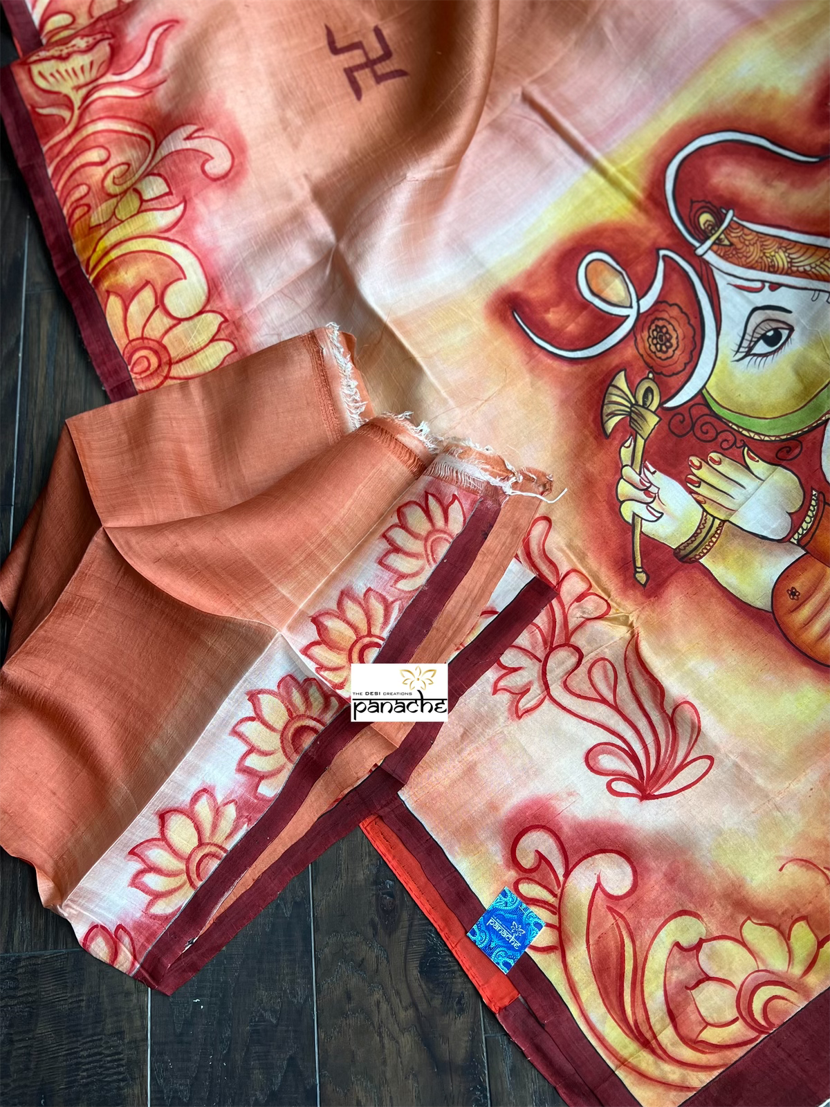 Hand Painted Tussar Silk - Rust Ganesha