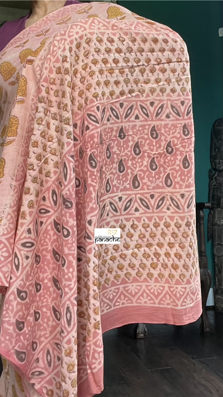 Pure Mul Cotton Mud Print - Light Peach Pink Green lotus