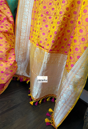 Pure Silk Mashru Silk Banarasi- Mustard Yellow Pink