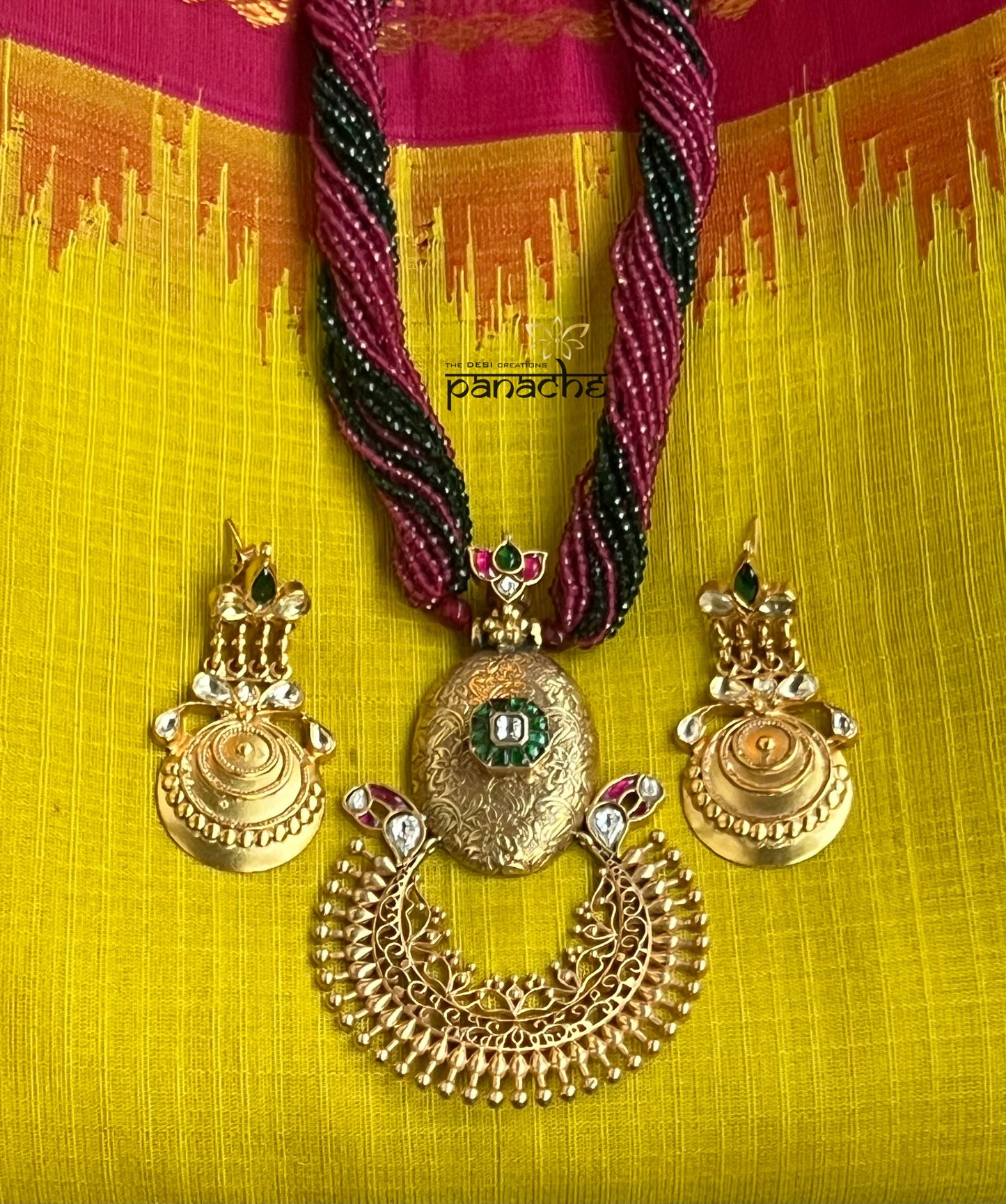 Silver 92.5 Beaded Necklace - Gold Kundan