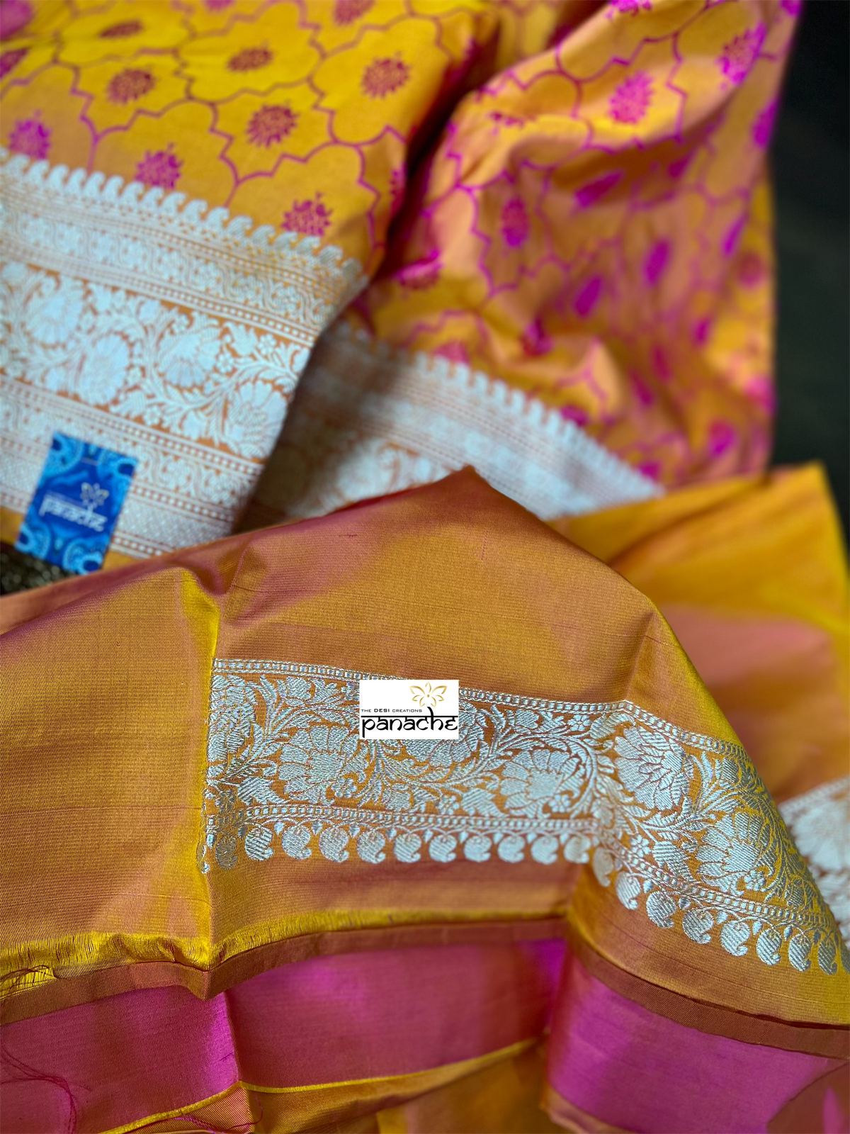 Pure Silk Mashru Silk Banarasi- Mustard Yellow Pink