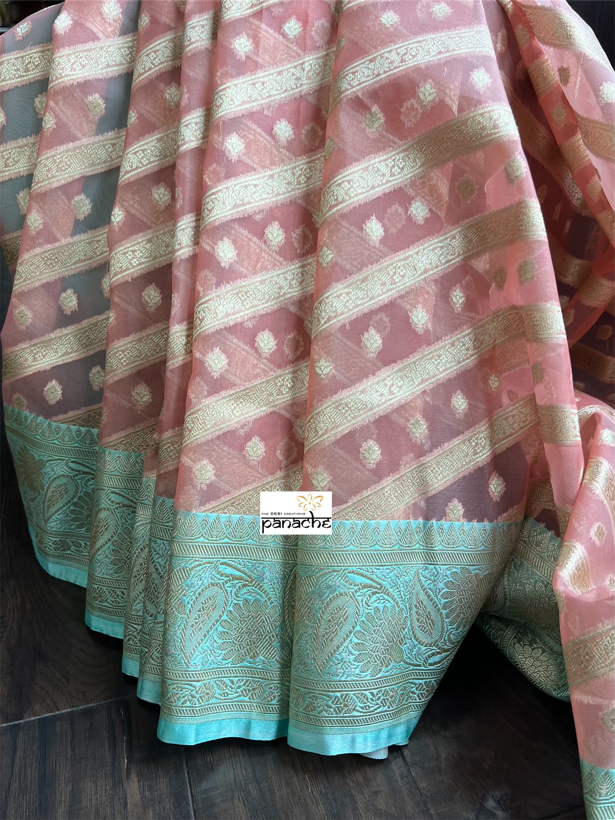 Kora Silk Banaras Chanderi - Peach Sea-Green