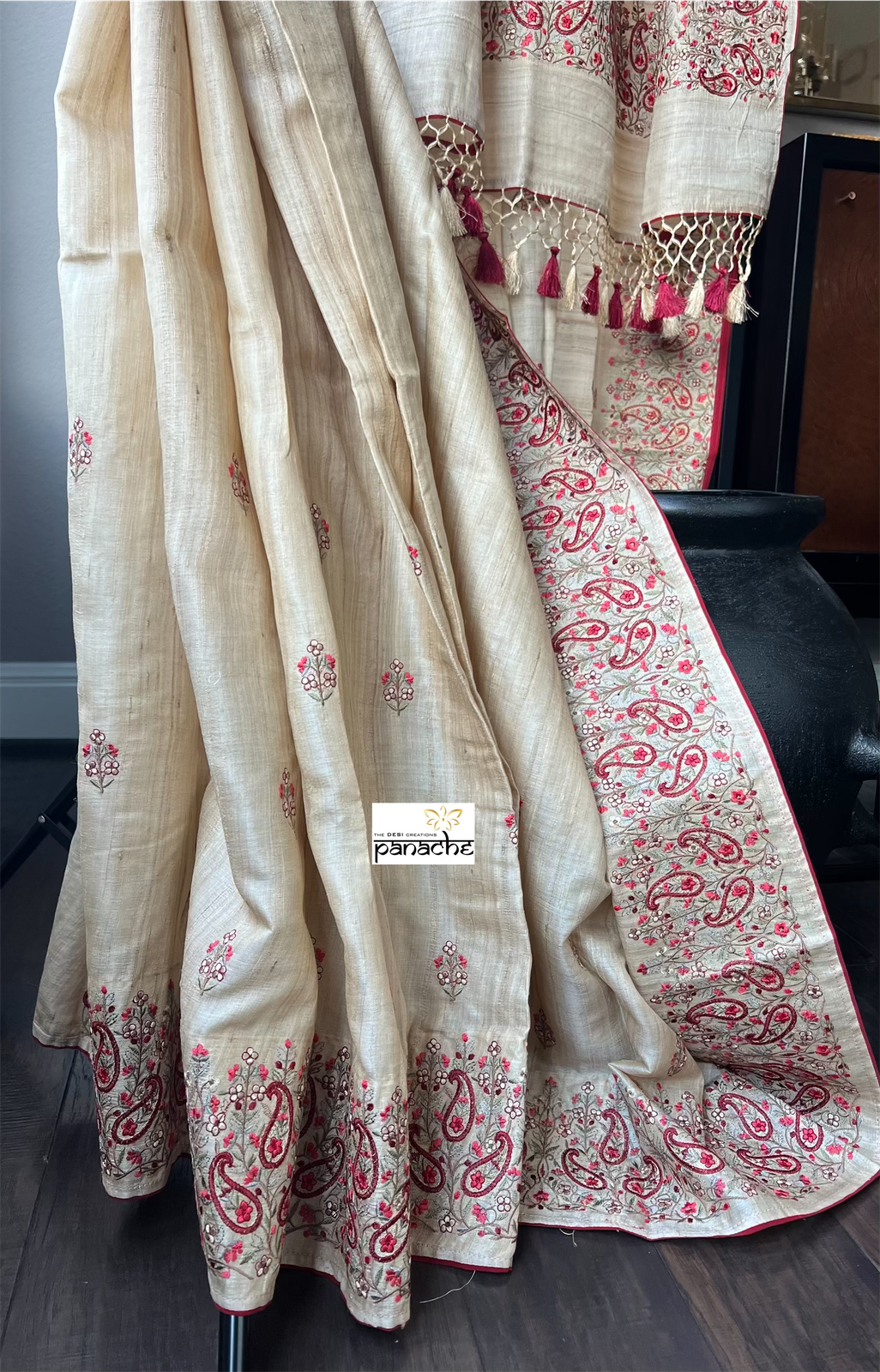 Embroidered Tussar Silk - Beige Red Paisley