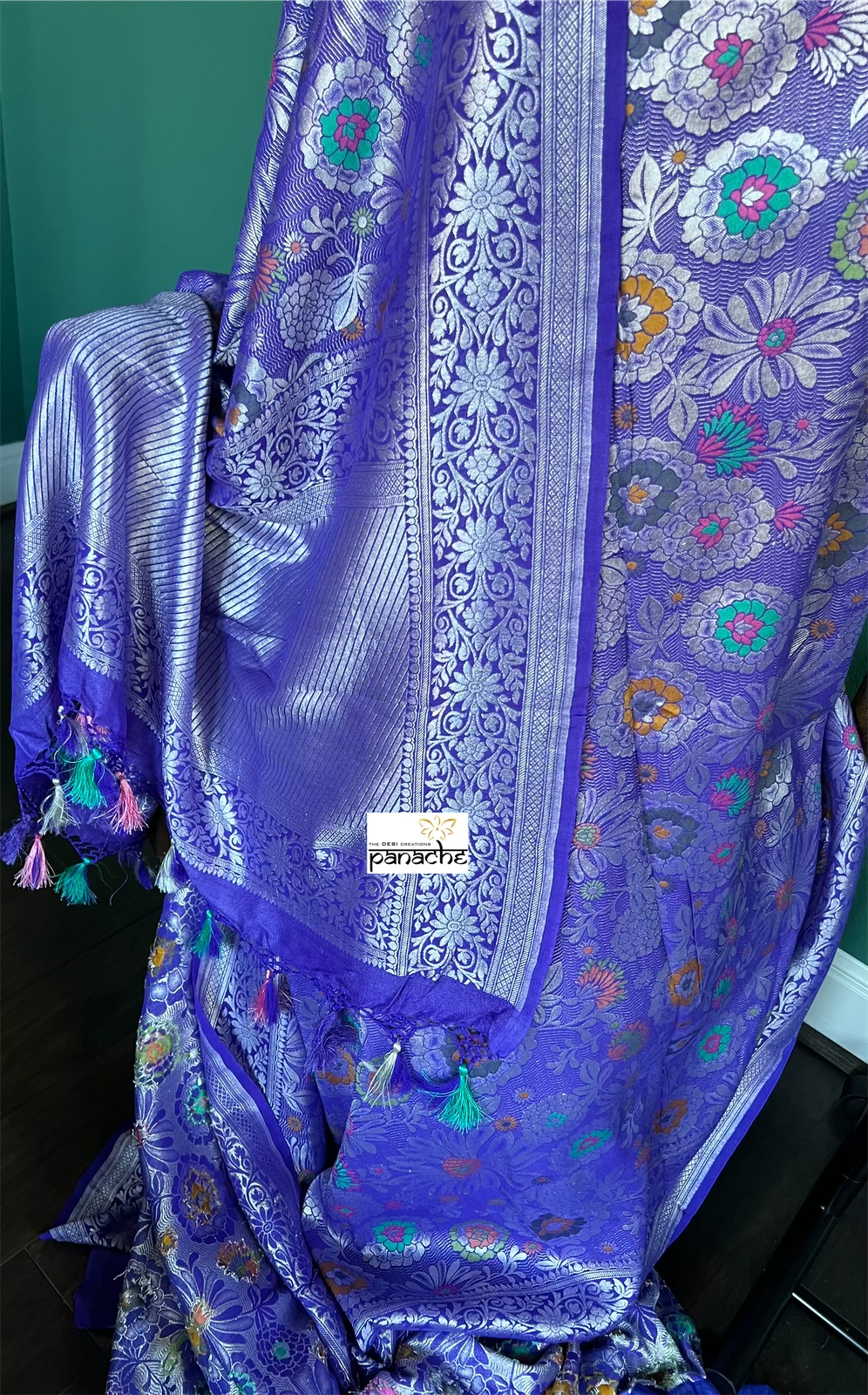 Tussar Georgette Banarasi - Purplish Blue Multi Meenakari
