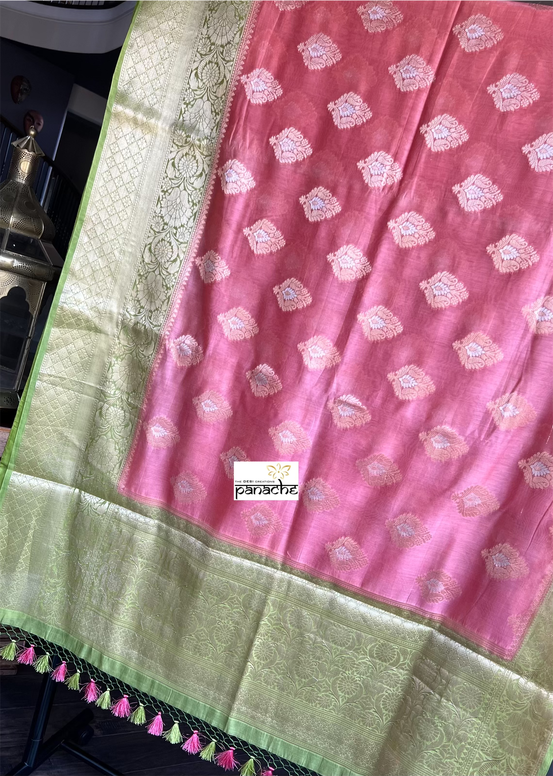 Mulmul Tissue Cotton Banarasi - Pink Green Golden Zari