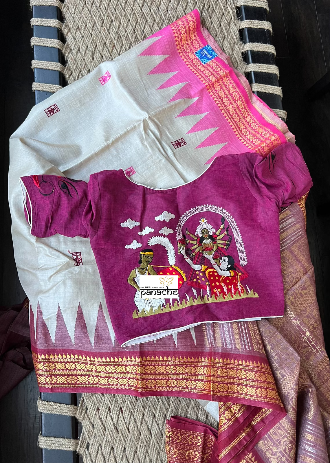 Pure Tussar Silk - Beige Maroon Pink