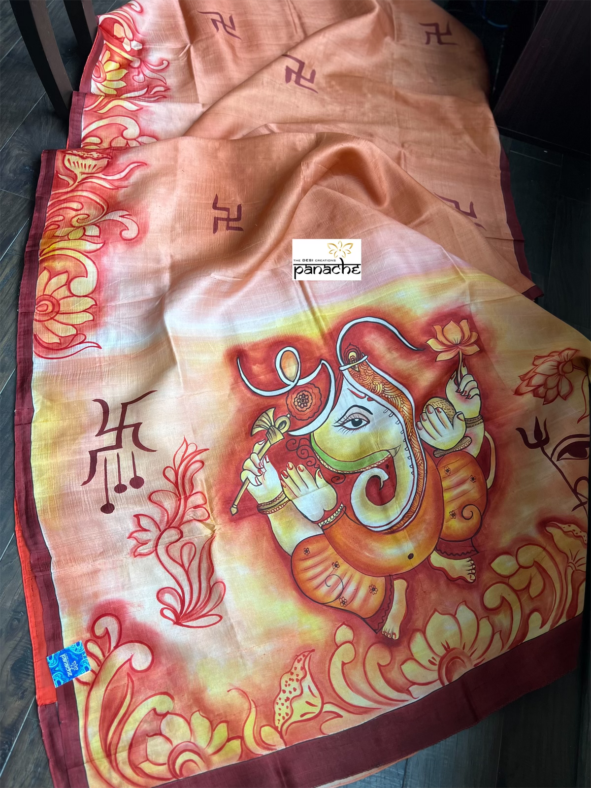 Hand Painted Tussar Silk - Rust Ganesha