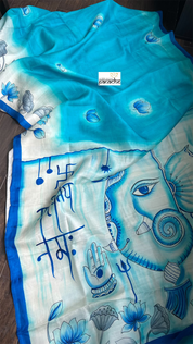 Hand Painted Tussar Silk - Firozi Blue Ganesha