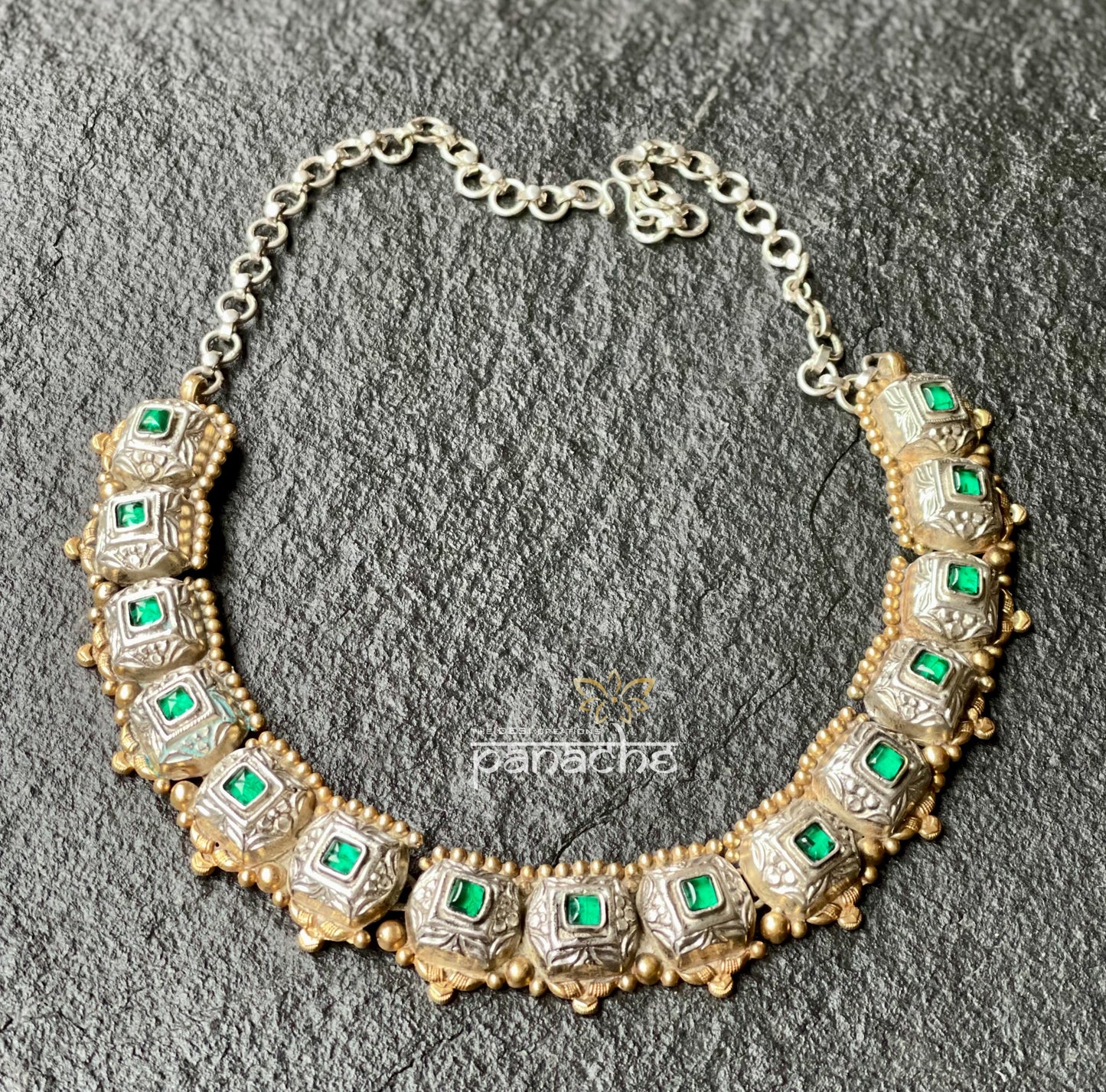 Silver 925 Necklace Set - Green Kundan Dual Tone