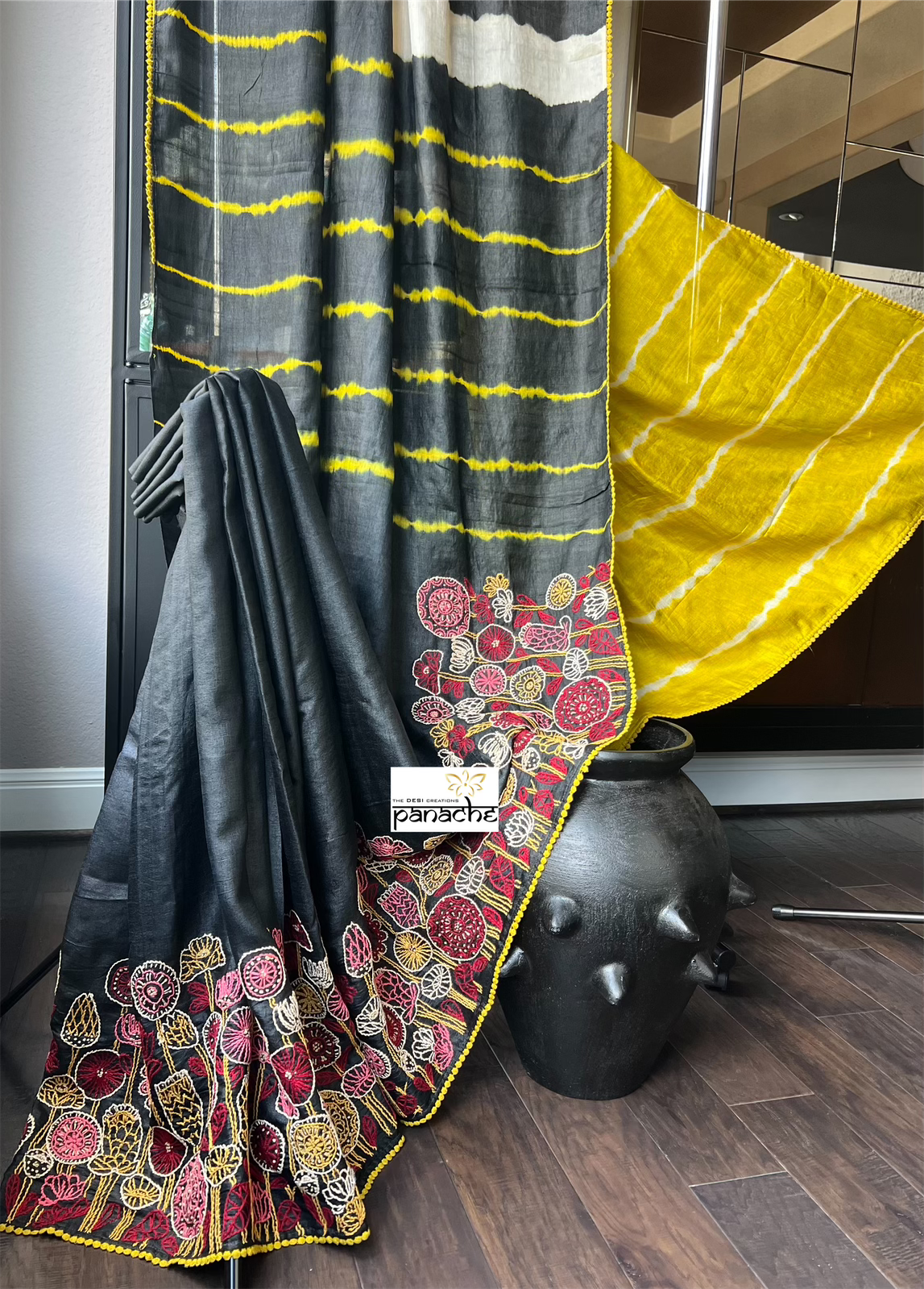 Pure Tussar Silk - Black Lime Yellow Embroidered
