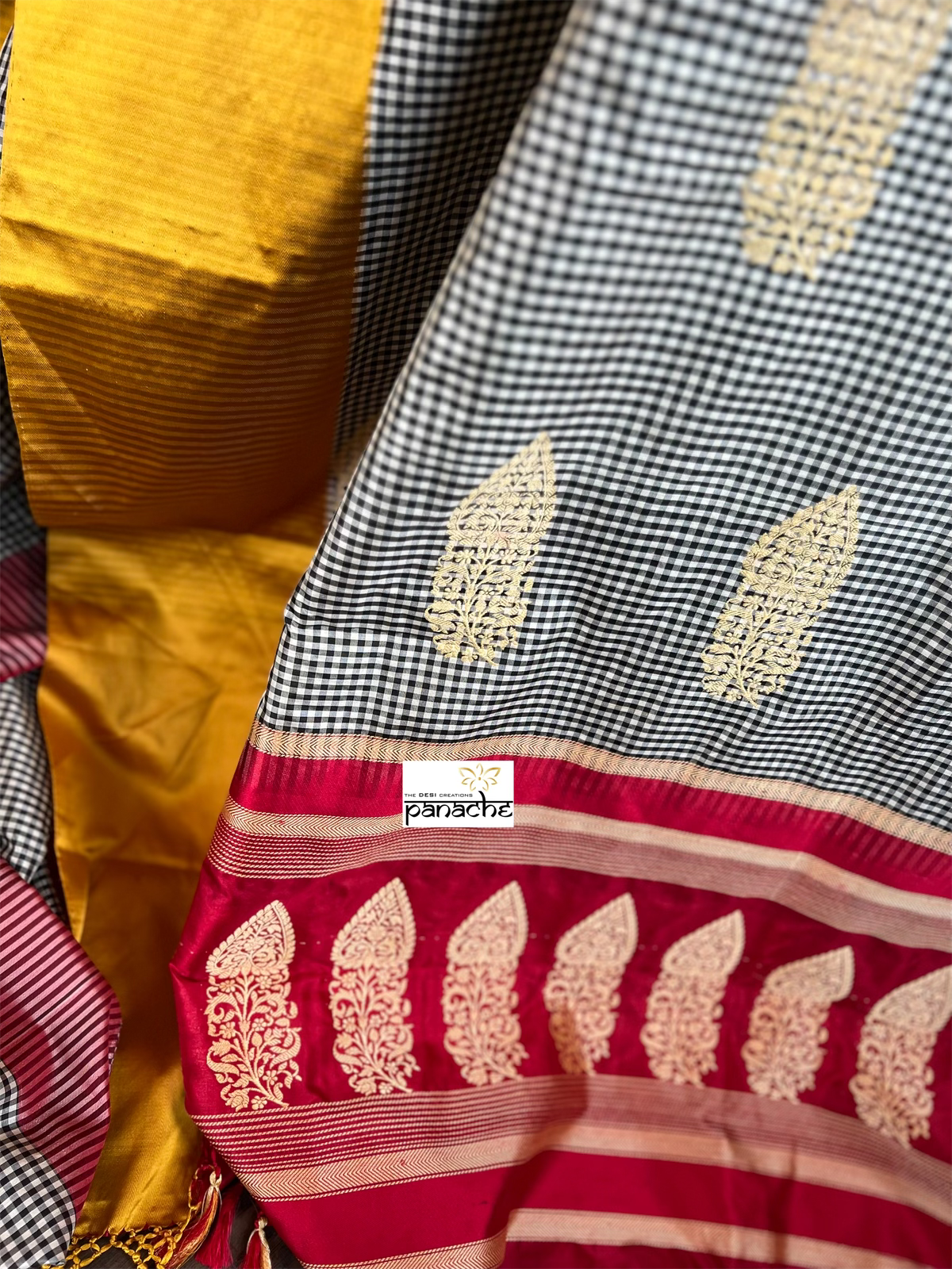Katan Silk Banarasi -  Black Red Yellow Checkered Kadwa