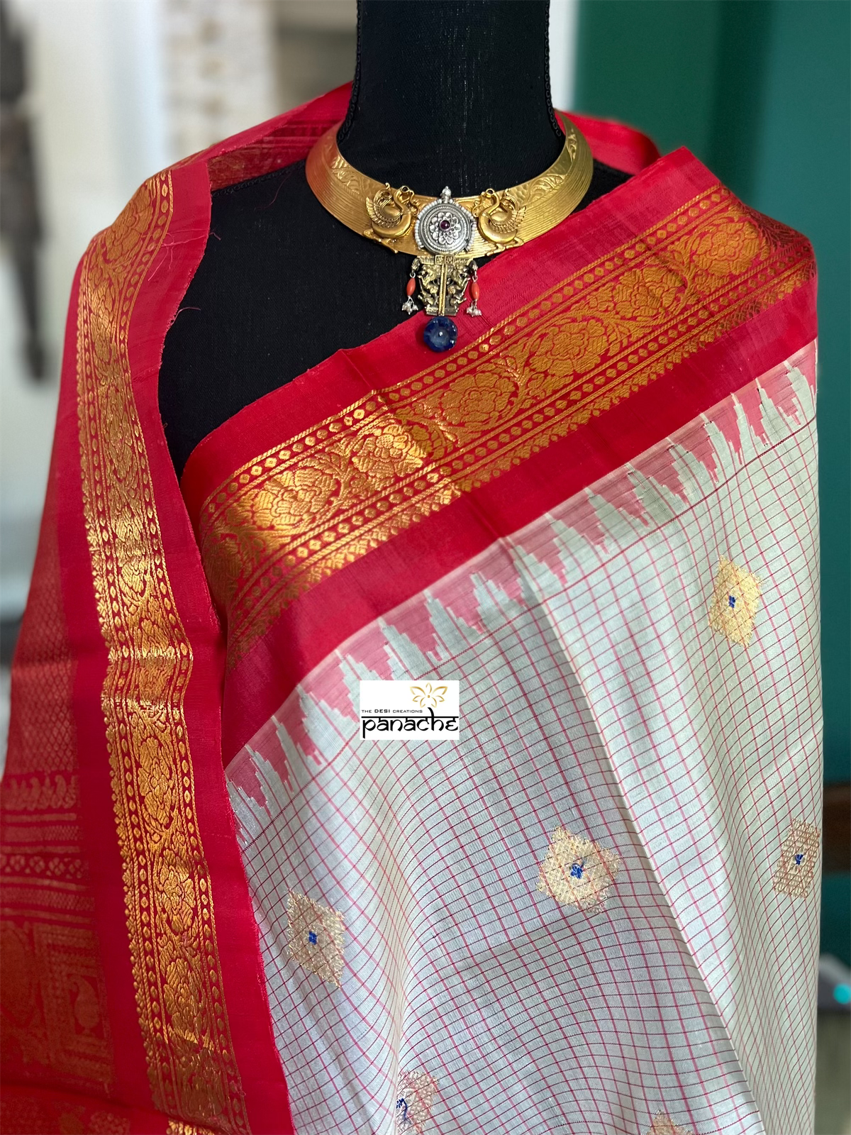 Pure Silk Gadwal - Cream Raspberry Red