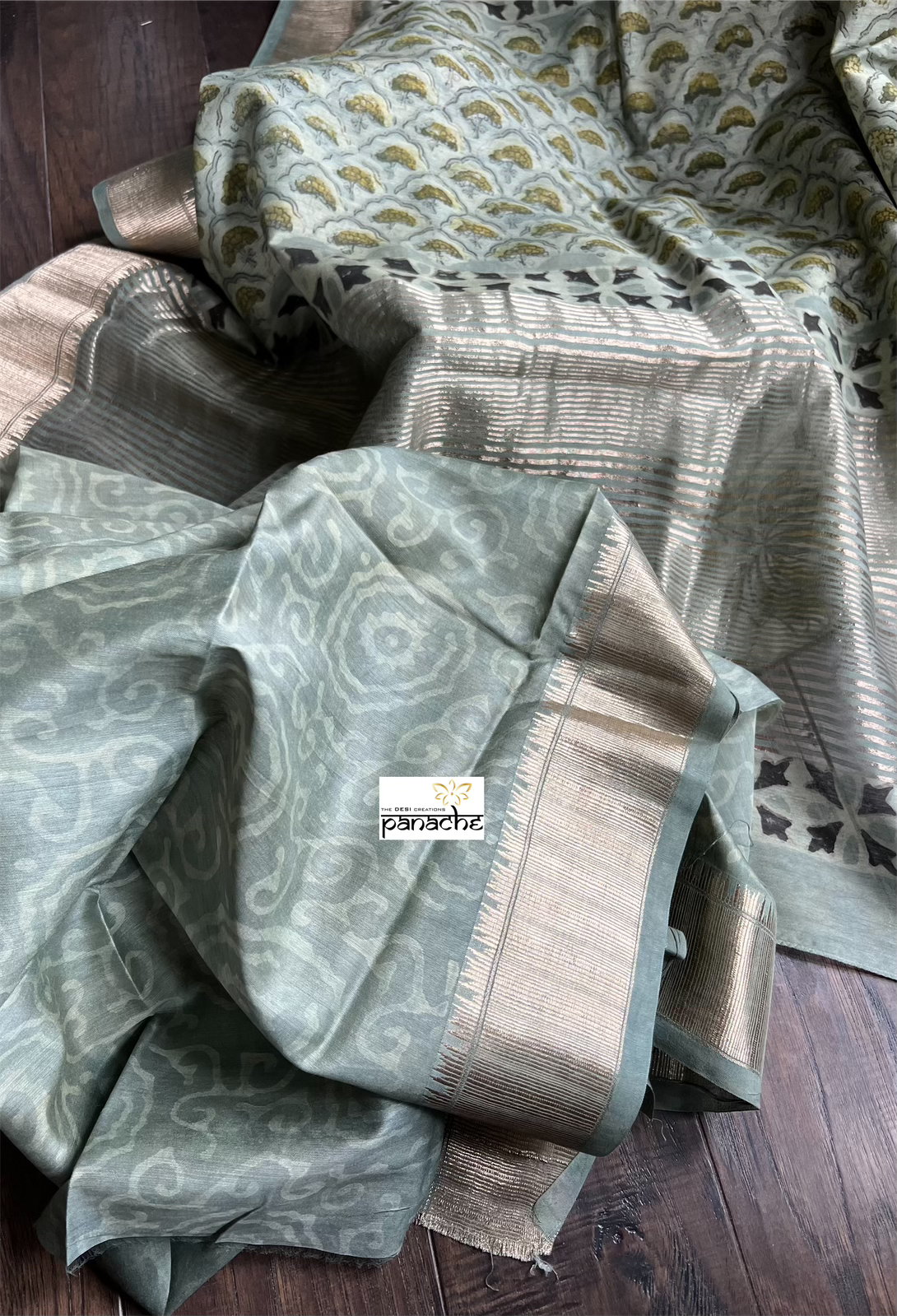 Pure Maheshwari Silk Mud Print - Light Moss Green lotus