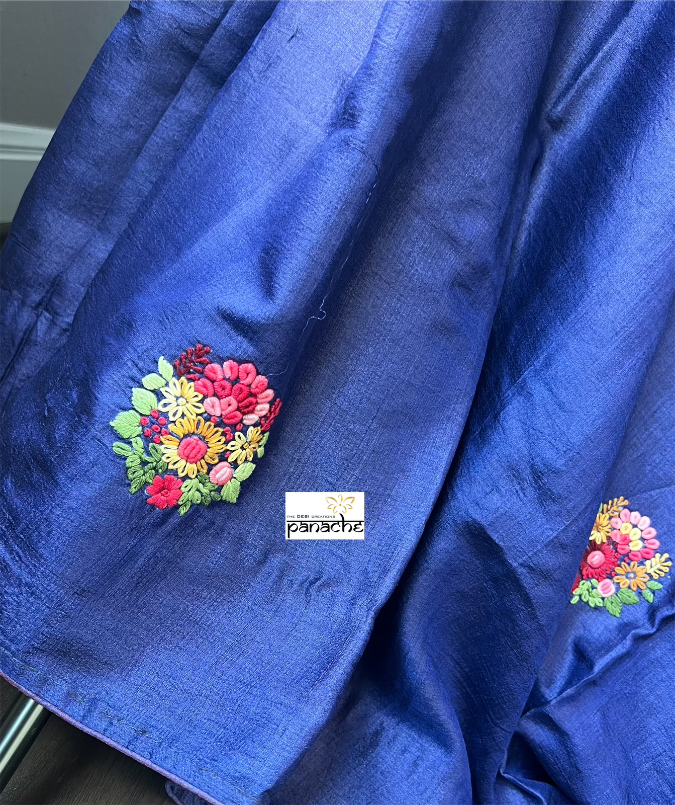 Pure Tussar Silk - Royal Blue Embroidered