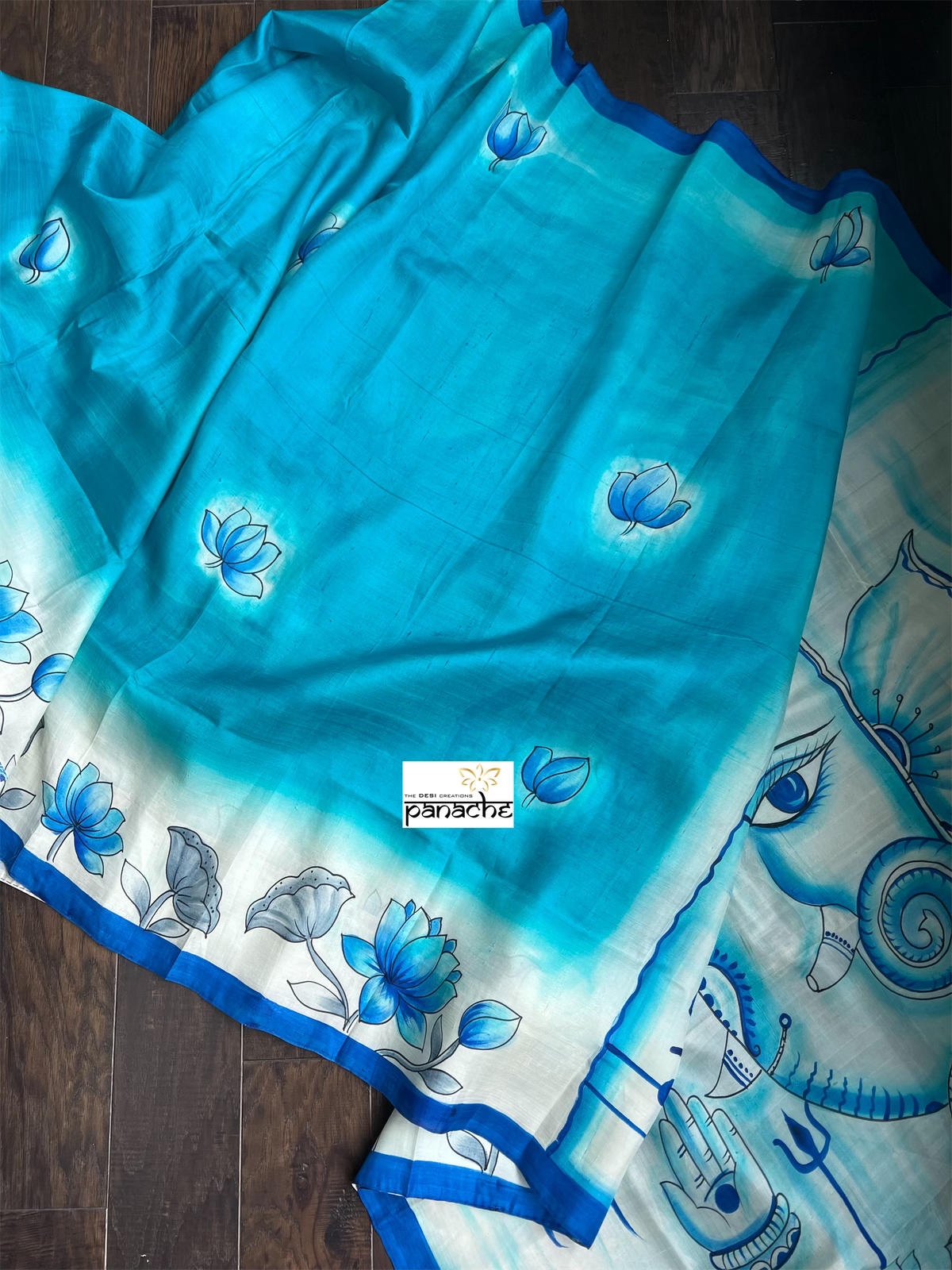 Hand Painted Tussar Silk - Firozi Blue Ganesha