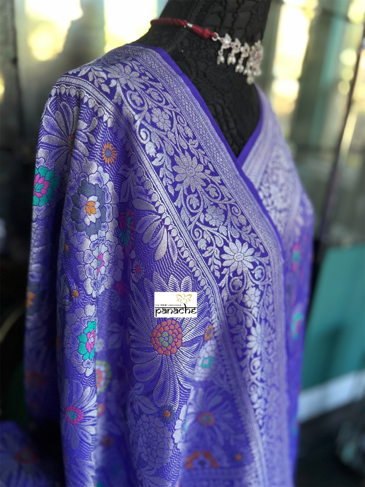 Tussar Georgette Banarasi - Purplish Blue Multi Meenakari